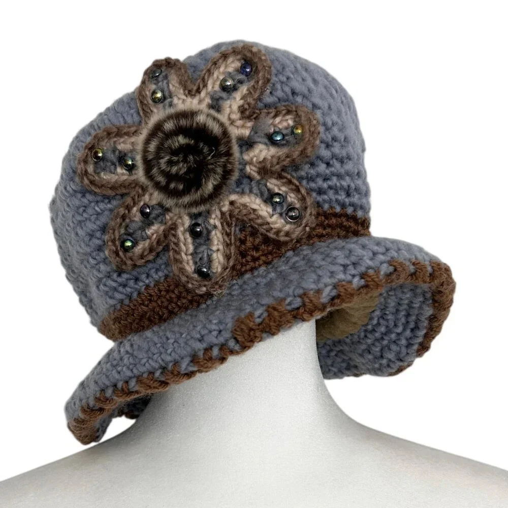 Vintage Inspired Cloche Crochet Knit Faux Fur Flower Beanie Bucket Hat